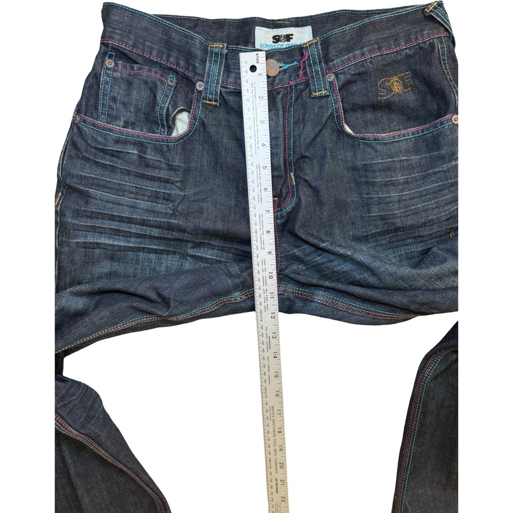 Songs of Freedom Straight Jeans Mens 32 Dark Wash Rainbow Stitch Embroidered SOF - Picture 9 of 11